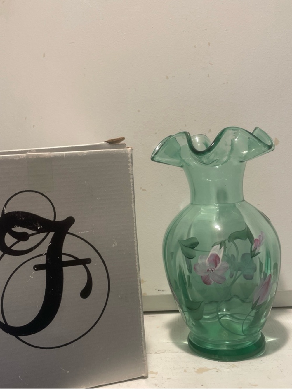 Fenton Hand-Painted and Artist signed Teal Green Glass Vase